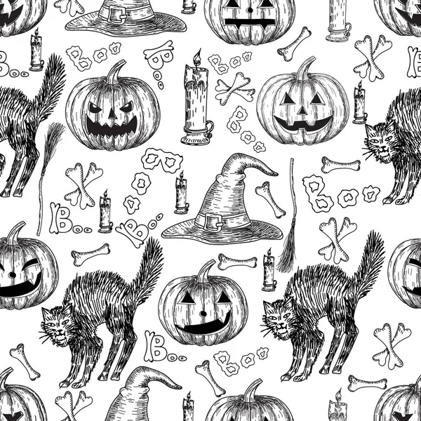 Halloween holiday vector seamless pattern of halloween death reaper, spooky ghost, black cat, bat, skeleton skull, witch cauldron, coffin, tomb. Decoration background for halloween decoration design
