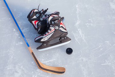 Buz pateni pistinde Hokey Sopası ve Puck.