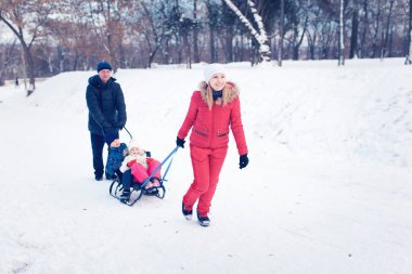 Genç Aile Kızakla Karda Koşuyor