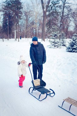 Genç Aile Kızakla Karda Koşuyor