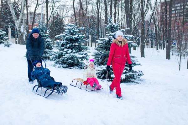 Família puxando o trenó através da paisagem nevada — Fotografia de Stock