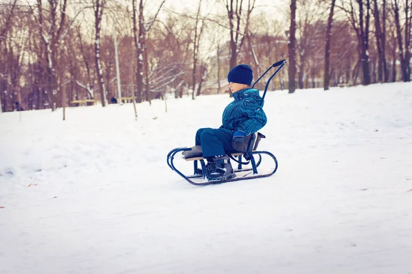 Superleuke jonge jongens sleetje rijden in de sneeuw — Stockfoto
