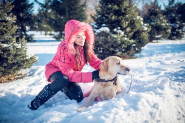 Kış açık oynayan bir köpek Labrador kadınla