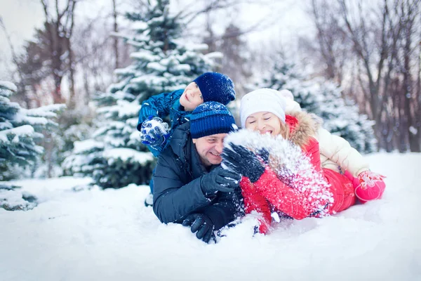 Famille attrayante s'amuser dans un parc d'hiver — Photo