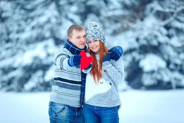 Inverno coppia San Valentino nel paesaggio ghiacciato, neve — Foto Stock