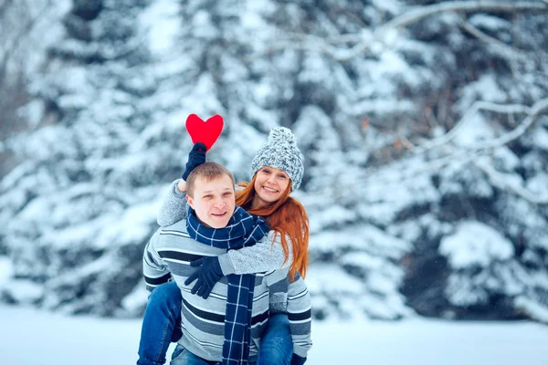 Inverno coppia San Valentino nel paesaggio ghiacciato, neve — Foto Stock