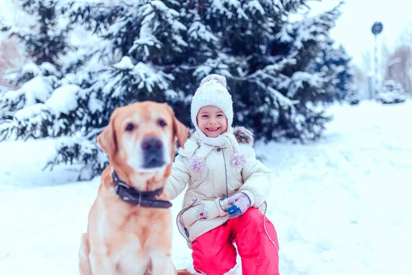 Christmas happy teenager playing  dog on snow — Stock Photo, Image