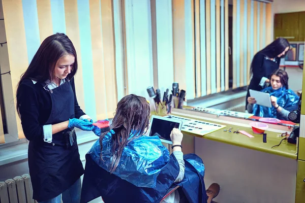 Bruna donna morendo i capelli al salone di bellezza — Foto Stock