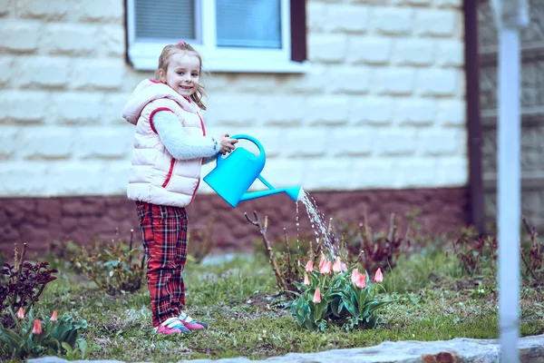 Meisje tuinman drenken bloemen in tuin . — Stockfoto
