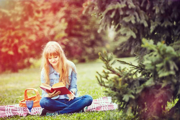 Menina leitura livro no parque no verão pôr do sol ligh — Fotografia de Stock