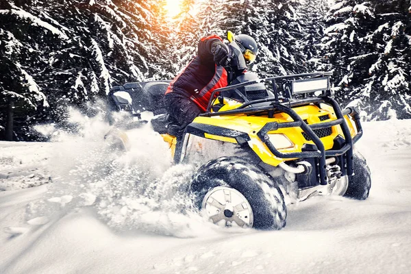 Winter walk on the quad bike in the forest. — Stock Photo, Image
