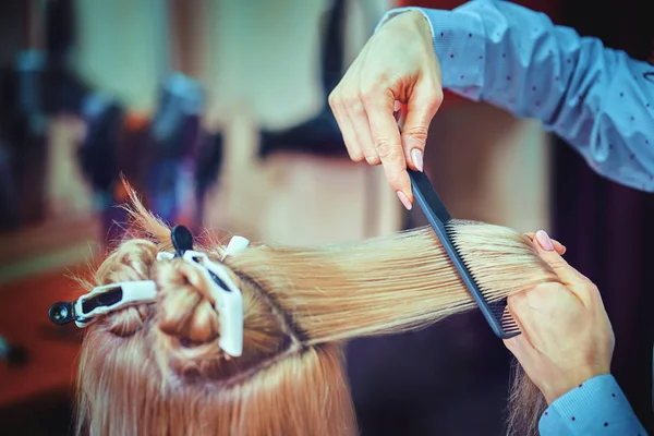 Sección media de la peluquería masculina secando el cabello de los clientes adolescentes en —  Fotos de Stock