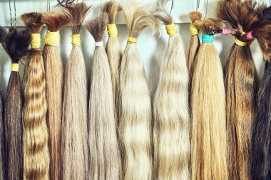 Doğal saç uzatma ekipmanı. farklı renkte saç örnekleri