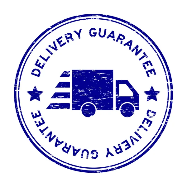 Grunge blu garanzia di consegna con camion icona timbro di gomma — Vettoriale Stock