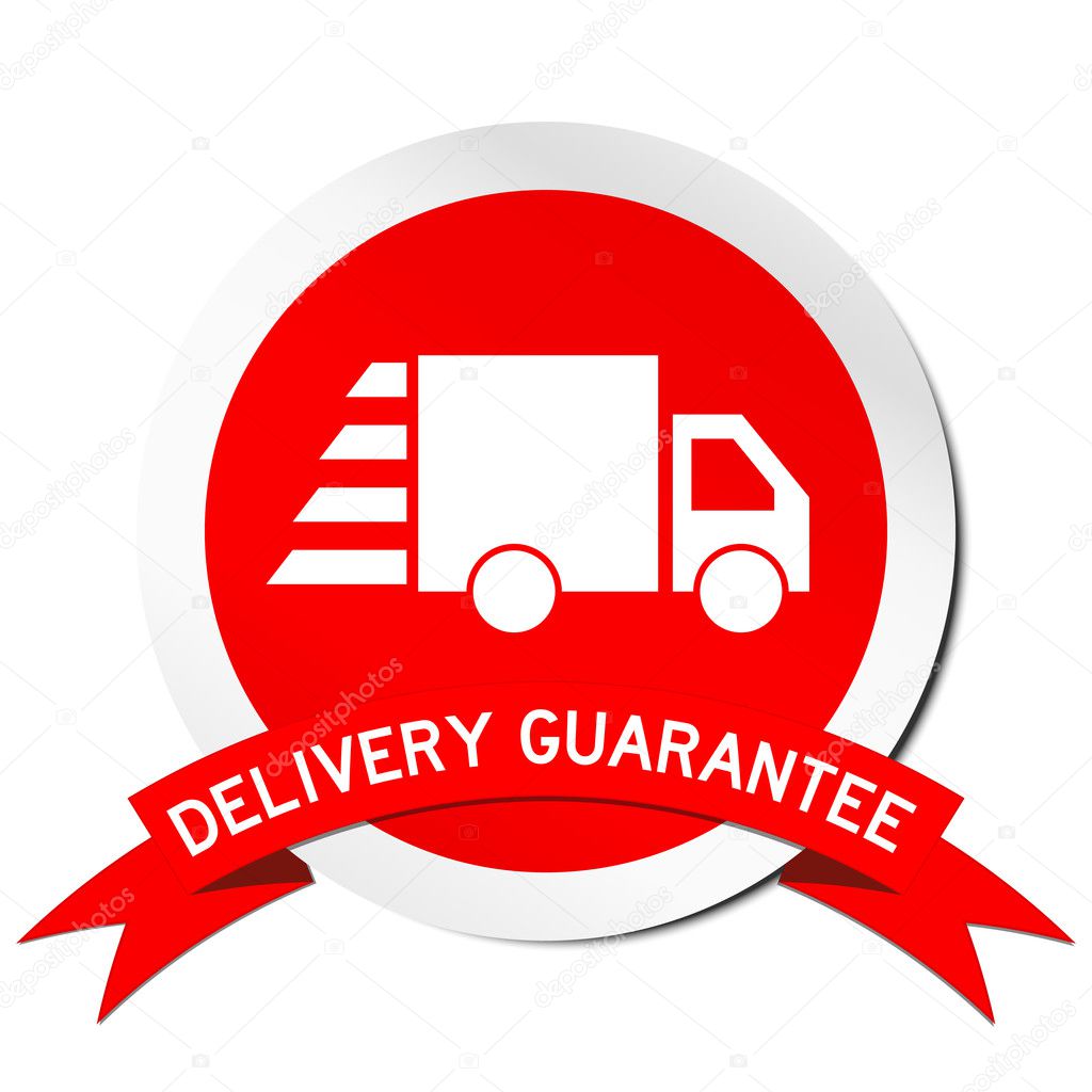 Red sticker of Deivery guarantee and truck icon on white backgro