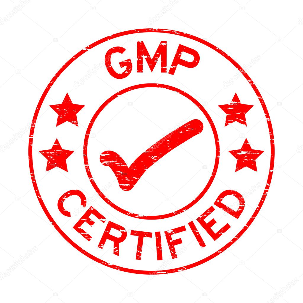 Grunge red GMP (Good Manufacturing Practice) certified rubber st