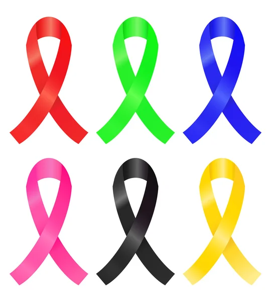 Set of colorful awareness ribbon (red, green, blue, pink, black, — Stockový vektor