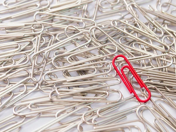 Red paper clip stand different from the crowd on white backgroun