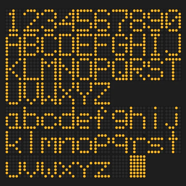 Orange LED Groß- und Kleinbuchstaben englisches Alphabet, Zahl — Stockvektor