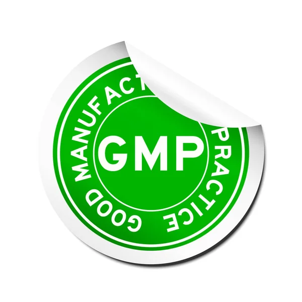 Pelar verde GMP (Buenas prácticas de fabricación) pegatina redonda — Archivo Imágenes Vectoriales