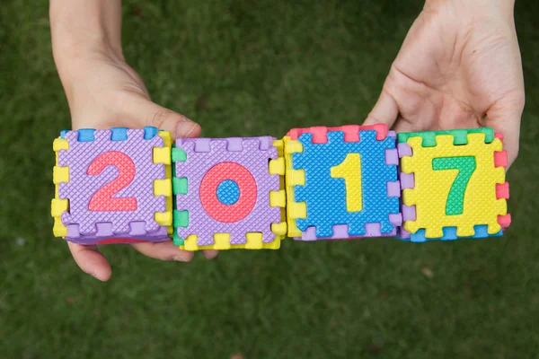 Frau hält Spielzeugpuzzle-Aufschrift 2017 mit grünem Gras in der Hand — Stockfoto