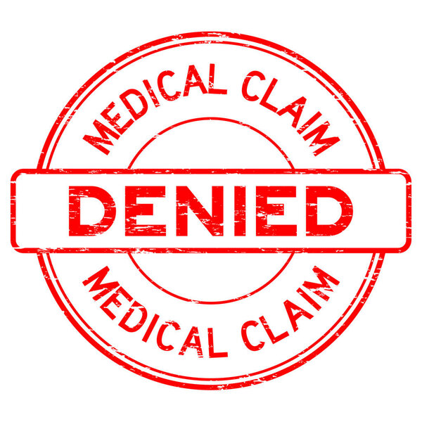 Grunge red medical claim denied round rubber stamp on white back