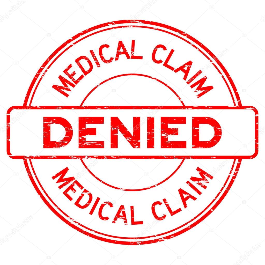 Grunge red medical claim denied round rubber stamp on white background