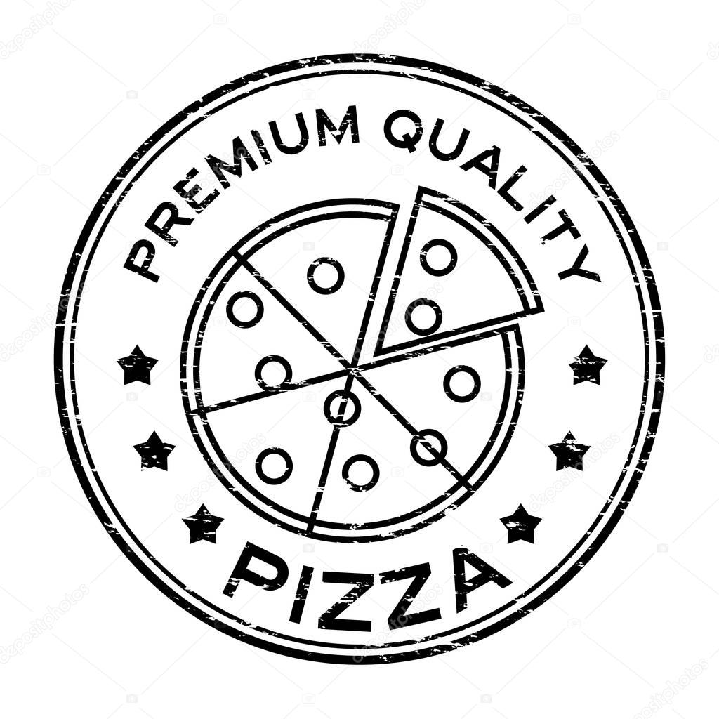 Grunge black premium quality pizza with slice plate logo round rubber stamp
