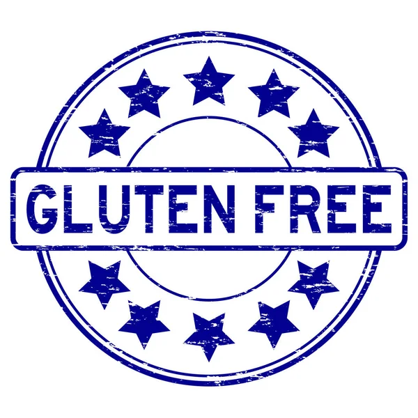 Grunge blue Gluten free with star icon round rubber stamp — Stock Vector