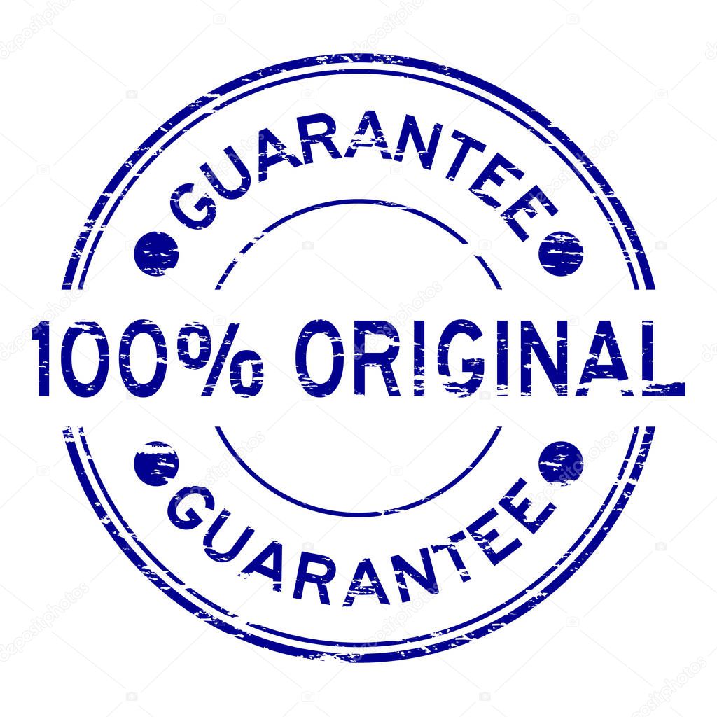 Grunge blue 100 percent original guarantee round rubber stamp on white background