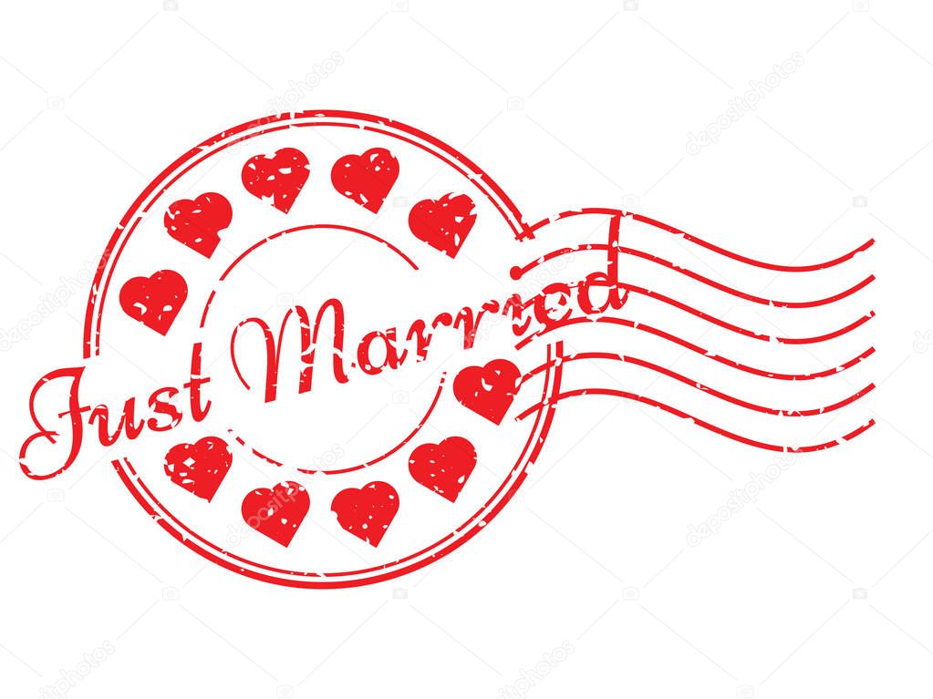 Grunge red just married and heart icon round rubber stamp with postmark