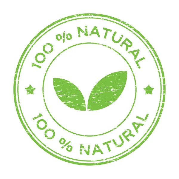 Grunge zöld 100 százalékos természetes kerek gumibélyegző levél ikonnal — Stock Vector