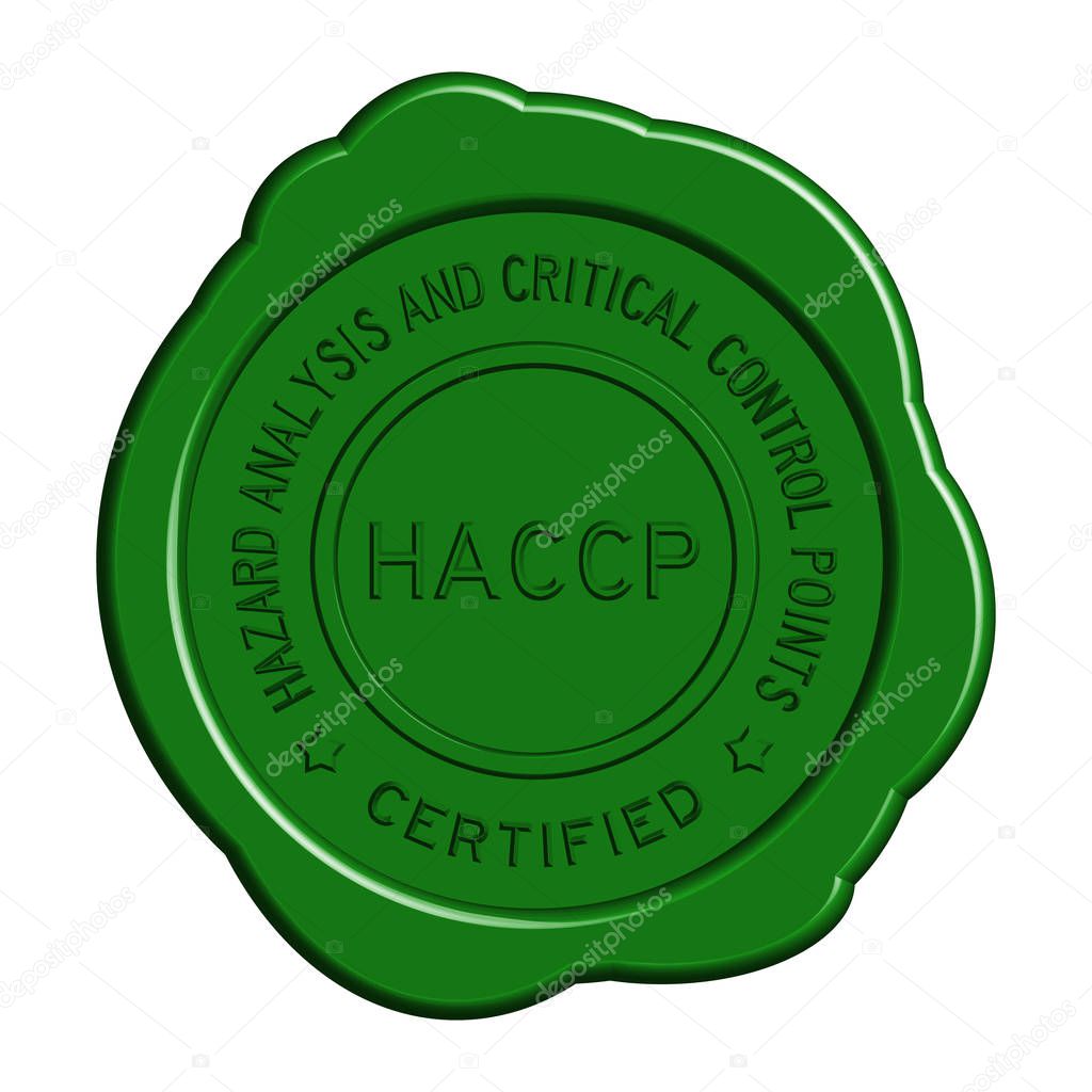 Green HACCP (Hazard analysis and critical control points) round wax seal on white background
