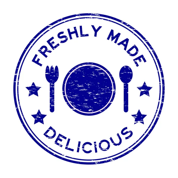 Грандж-синій свіжовиготовлений смачно з тарілкою, ложкою, іконою виделки круглої гумової марки — стоковий вектор