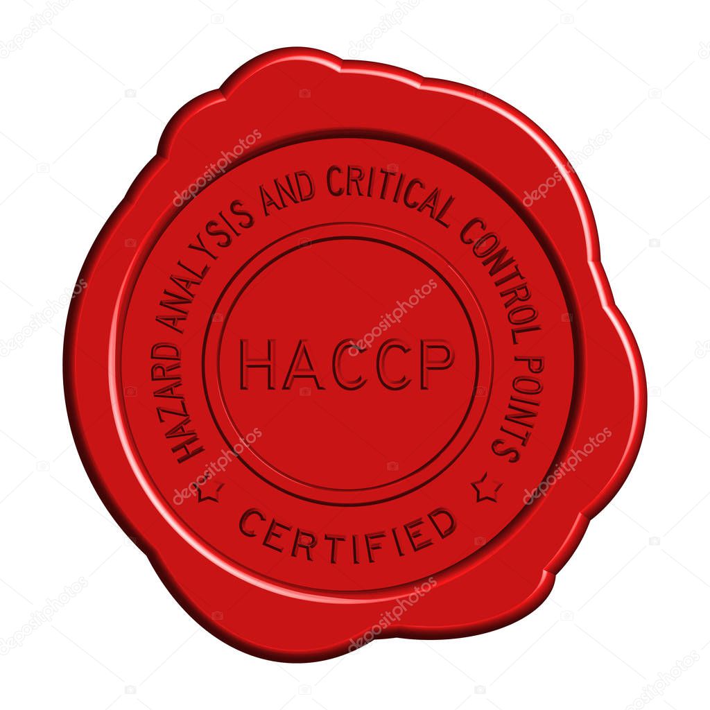 Red HACCP (Hazard analysis and critical control points) round wax seal on white background