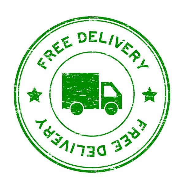 Grunge verde consegna gratuita con icona camion timbro di gomma rotondo — Vettoriale Stock