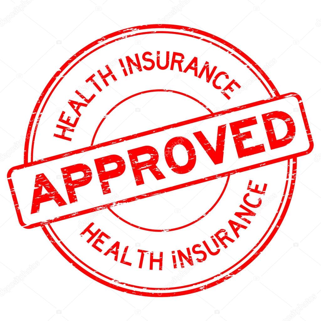Grunge red health insurance approved round rubber stamp on white background