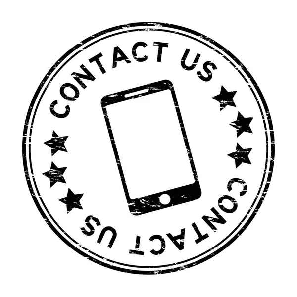 Grunge negro en contacto con nosotros con el icono del teléfono sello de goma redonda sobre fondo blanco — Vector de stock