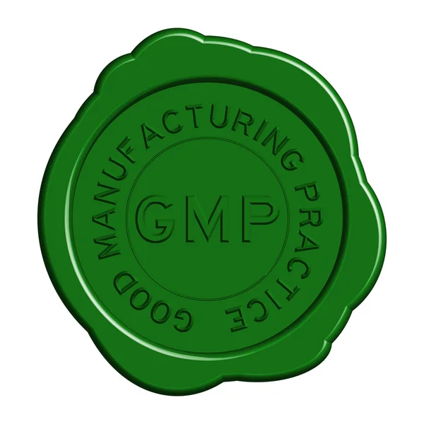 Verde GMP (Buenas prácticas de fabricación) sello de cera redonda sobre fondo blanco — Archivo Imágenes Vectoriales