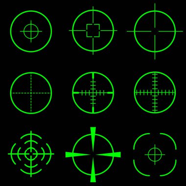 Siyah zemin üzerine yeşil crosshair kapsam hedef kümesi
