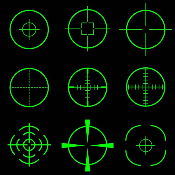 Set of green crosshair scope target on black background — Stock Vector