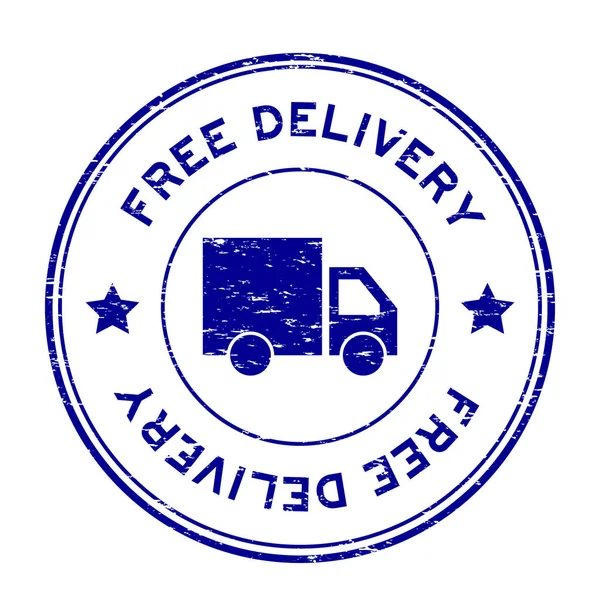 Grunge blu consegna gratuita con icona camion timbro di gomma rotondo — Vettoriale Stock