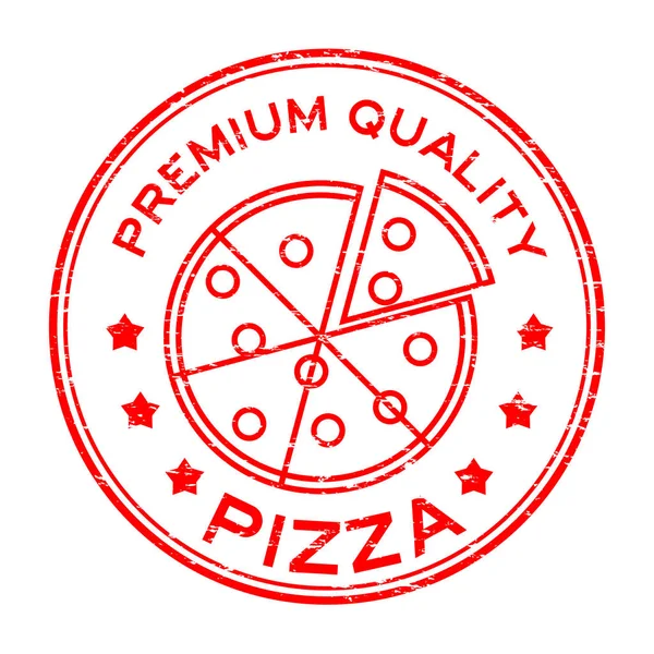 Grunge red premium quality pizza with slice plate logo round rubber stamp — Stock Vector