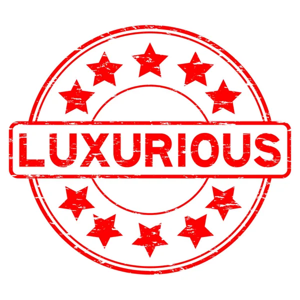 Grunge rouge luxueux avec icône étoile rond tampon joint en caoutchouc — Image vectorielle