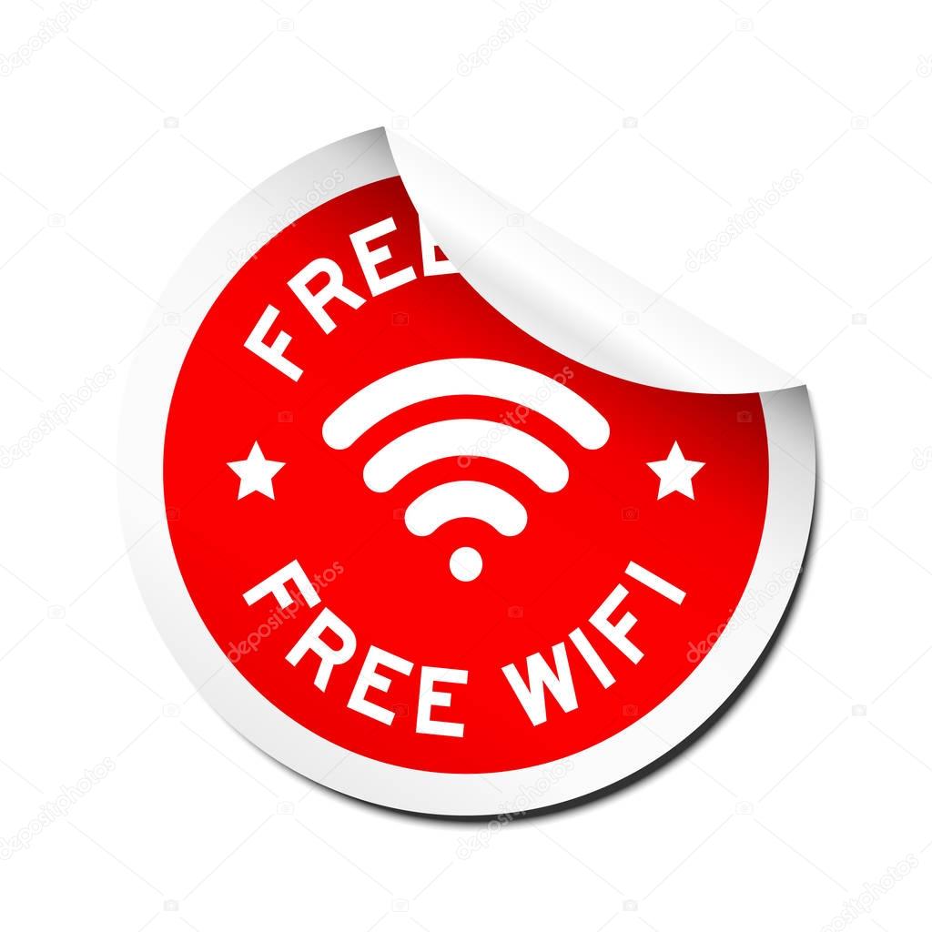 Red free wifi with signal icon sticker with peel off on white background