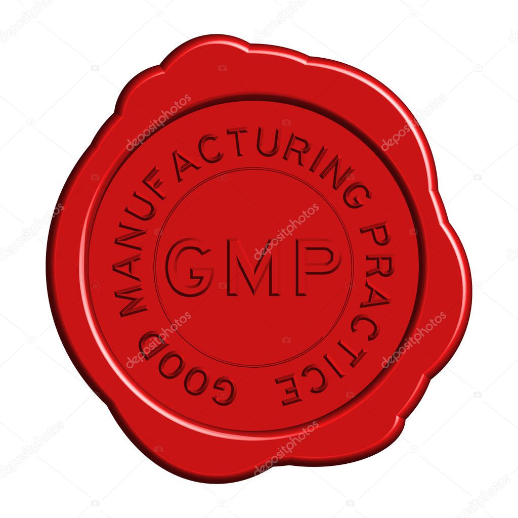 Red GMP (Good manufacturing practice) round wax seal on white background