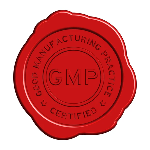 Red GMP (Good manufacturing practice) round wax seal on white background — Stock Vector