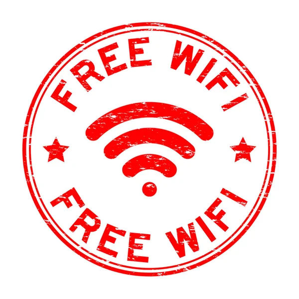 Wi-Fi gratuito vermelho grunge com ícone de sinal selo de borracha redonda — Vetor de Stock