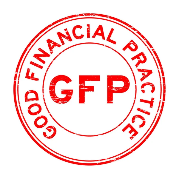 Grunge rojo redondo GFP (Buenas prácticas financieras) redondo sello de goma — Vector de stock