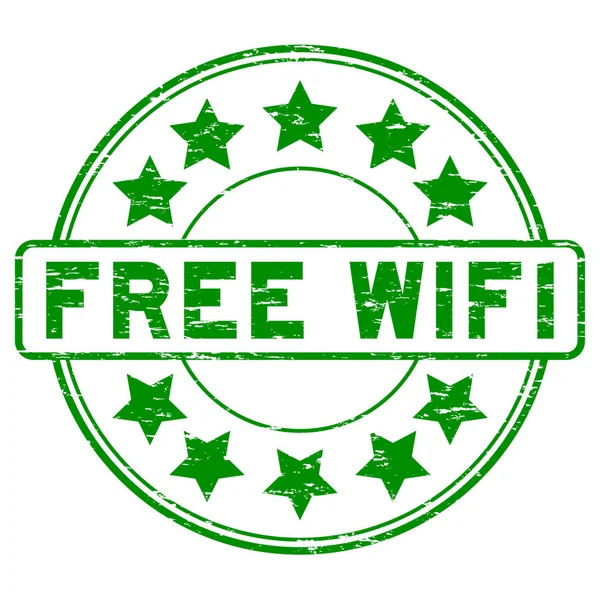 Wi-Fi gratuito verde grunge com ícone de sinal selo de borracha redonda — Vetor de Stock